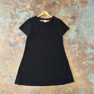 Vintage 90s Black Stretch Velvet Mini Dress Size M 10 Short Sleeve Swing Goth